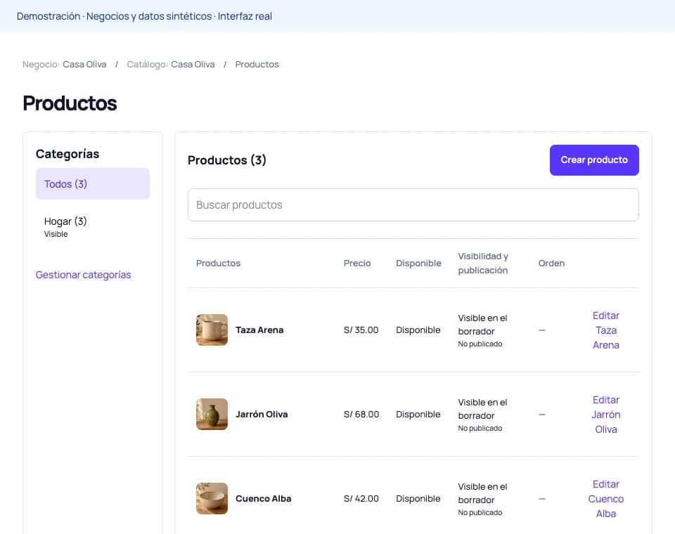 Vista real de Productos del Workspace con categorías y productos sintéticos de Casa Oliva.
