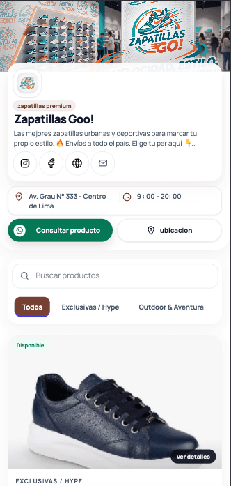 Ejemplo real de Zapatillas Go!: portada, negocio, contacto, buscador, categorías y producto. Captura no interactiva.